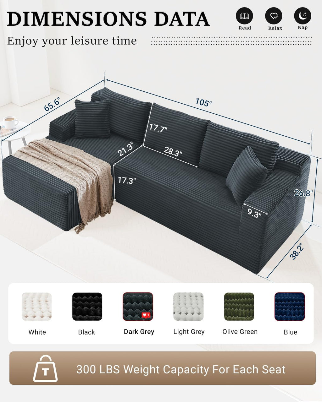105 Inch Cloud Sectional Couch,Modern Modular Sectional Sofa with Deep Seat,Corduroy Boneless Couches with L-Shape Chaise for Living Room Bedroom,No Assembly Required (Dark Grey, Left Facing Chaise)