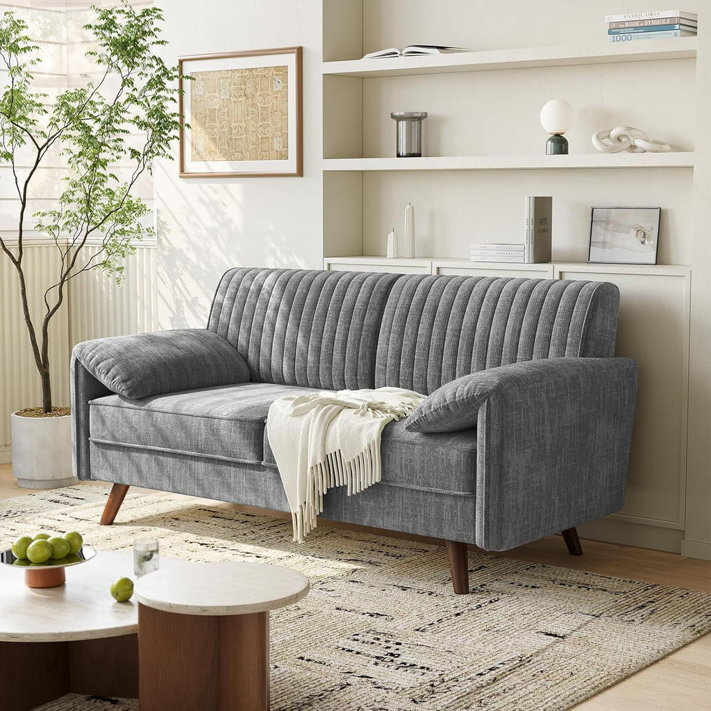 ONBRILL 64.5" Loveseat Sofa, Chenille Loveseat Couch for Living Room, 23.2" Deep Seat Love Seat with Padded Arms, Comfy Modern Small Couches for Bedroom, Small Spaces, Dorms, Office, Grey