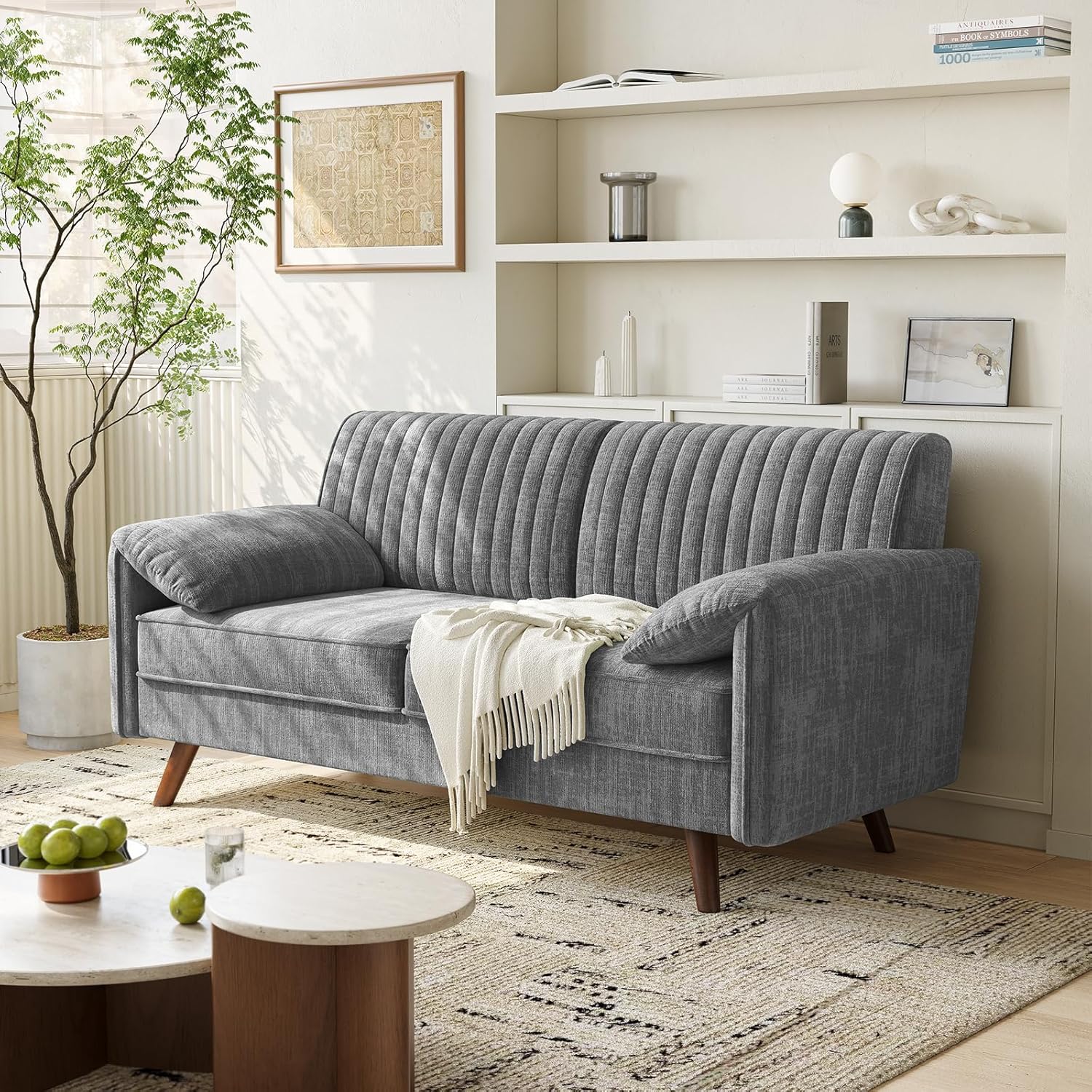 ONBRILL 64.5" Loveseat Sofa, Chenille Loveseat Couch for Living Room, 23.2" Deep Seat Love Seat with Padded Arms, Comfy Modern Small Couches for Bedroom, Small Spaces, Dorms, Office, Grey