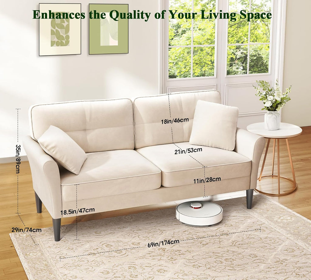 Loveseat Sofa, 69" Love Seat Couches, Comfy Velvet Small Couches for Small Spaces with 2 Pillows, Tool-Free Setup Sofas & Couches, 700lb Load Sofas for Living Room, Mini Couch for Bedroom, White Couch