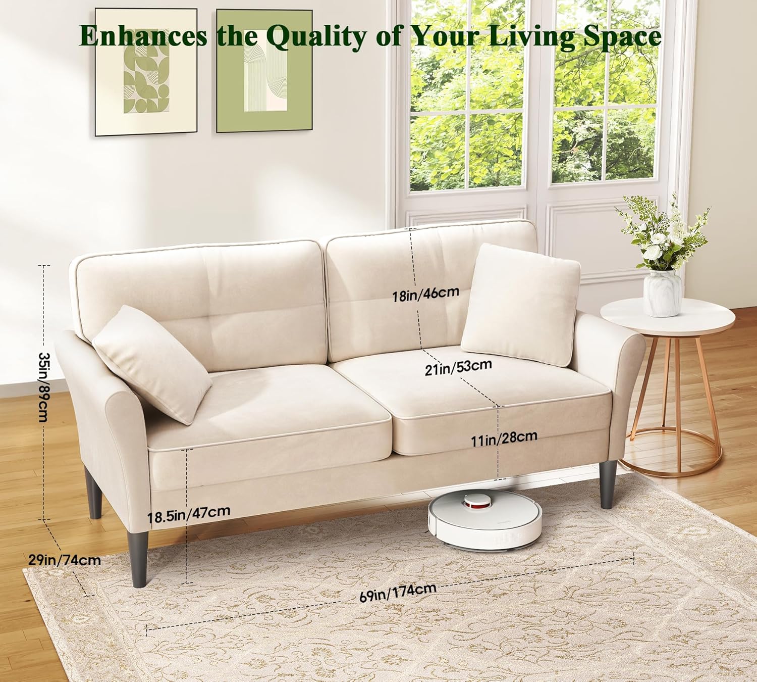 Loveseat Sofa, 69" Love Seat Couches, Comfy Velvet Small Couches for Small Spaces with 2 Pillows, Tool-Free Setup Sofas & Couches, 700lb Load Sofas for Living Room, Mini Couch for Bedroom, White Couch