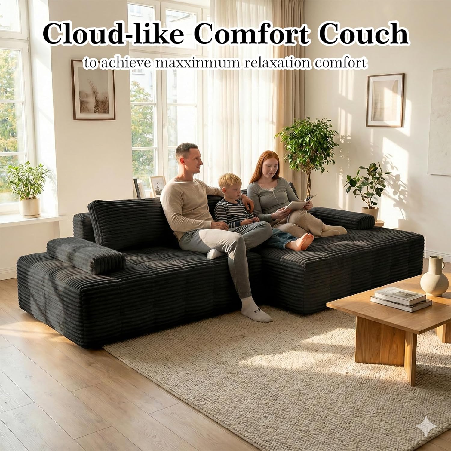 114" Sectional Couches for Living Room Cloud Couch Sofa with L-Shape Upholstered Boneless Couchs Modern Modular Sectional Couch with Chaise (Black, 114" W+Right Facing Chaise) | boneless couch, No Assembly Required