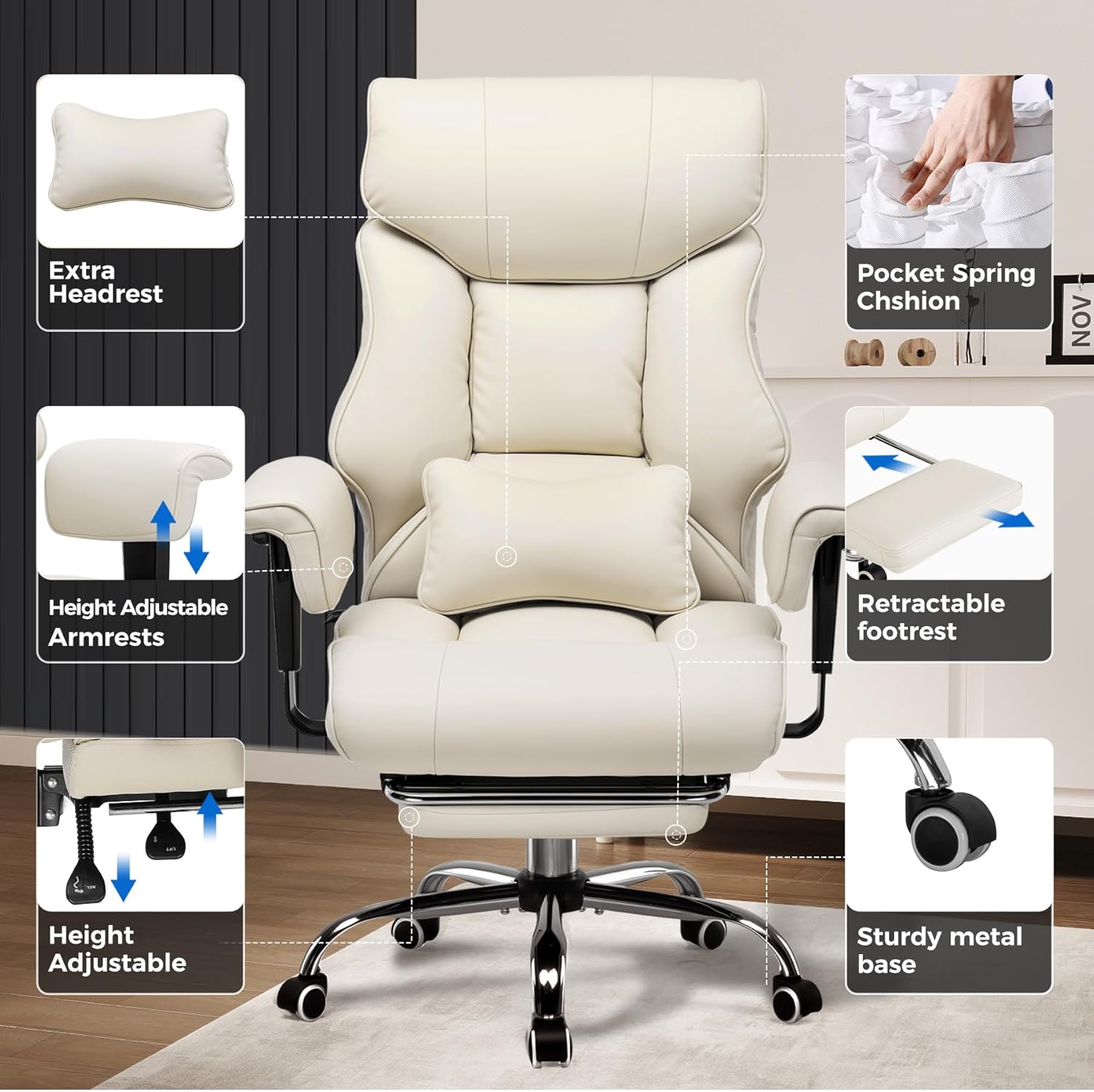 GTPLAYER Big and Tall Gaming Chair 400lbs Heavy Duty Office Chair with Foot Rest & Ergonomic Pocket Spring Cushion, High Back Lumbar Support for Lower Back Pain Relief, Beige