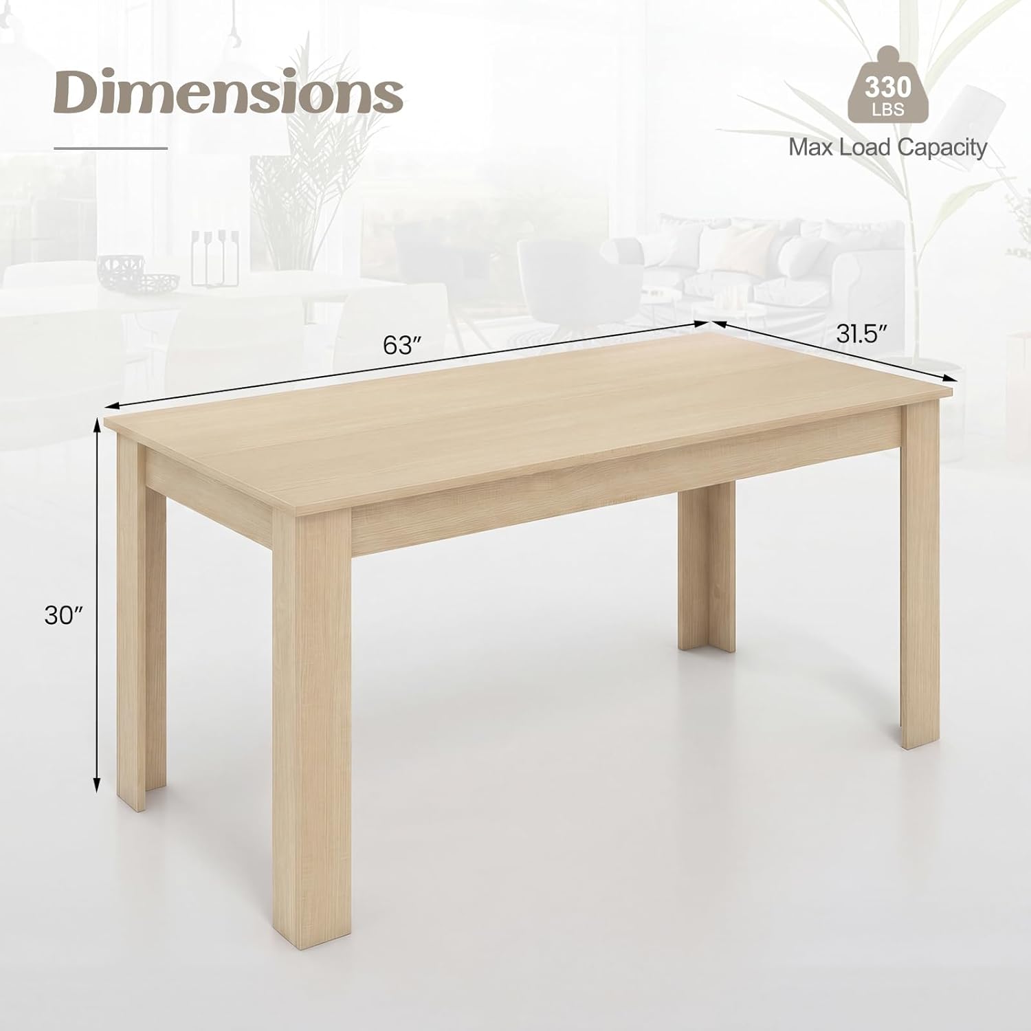 Giantex Dining Table for 4-6, 63" L Large Farmhouse Kitchen Table, Wooden Rectangular Dinner Table for Living Dining Room, Home Office, Dinette, 330LBS Capacity, Natural