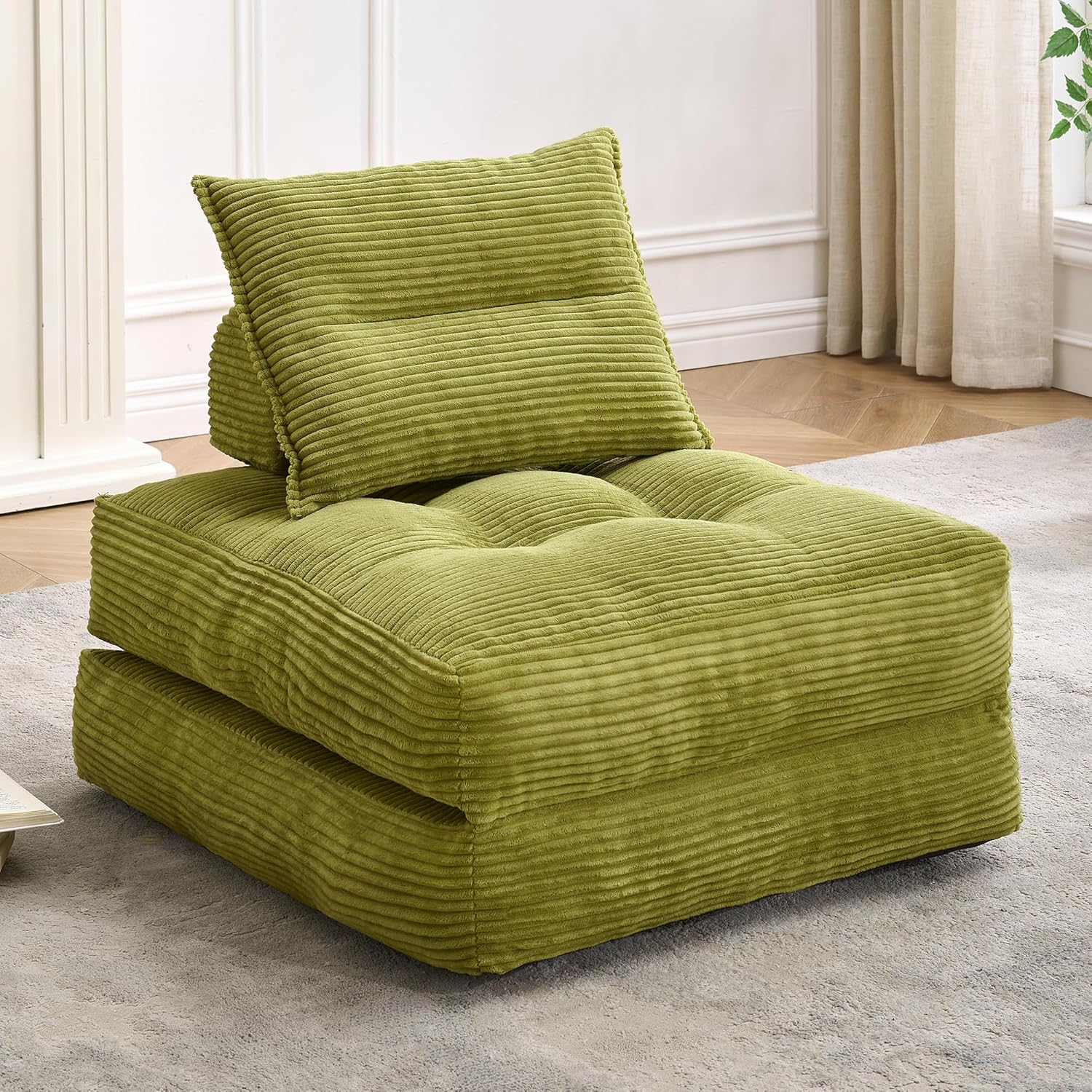MONVANE Folding Sofa Bed, Fold Out Chair Bed with Pillow, Convertible Sleeper Chair for Living Room/Small Spaces, Foldable Lazy Sofa Bed Floor Chair, Comfy Corduroy Couch Bed, Pistachio Green
