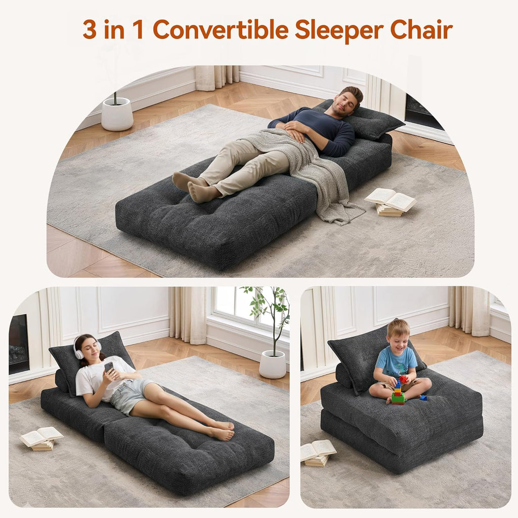 MONVANE Folding Sofa Bed, Fold Out Chair Bed with Pillow, Convertible Sleeper Chair for Living Room/Small Spaces, Foldable Lazy Sofa Bed Floor Chair, Comfy Teddy Velvet Couch Bed, Grey
