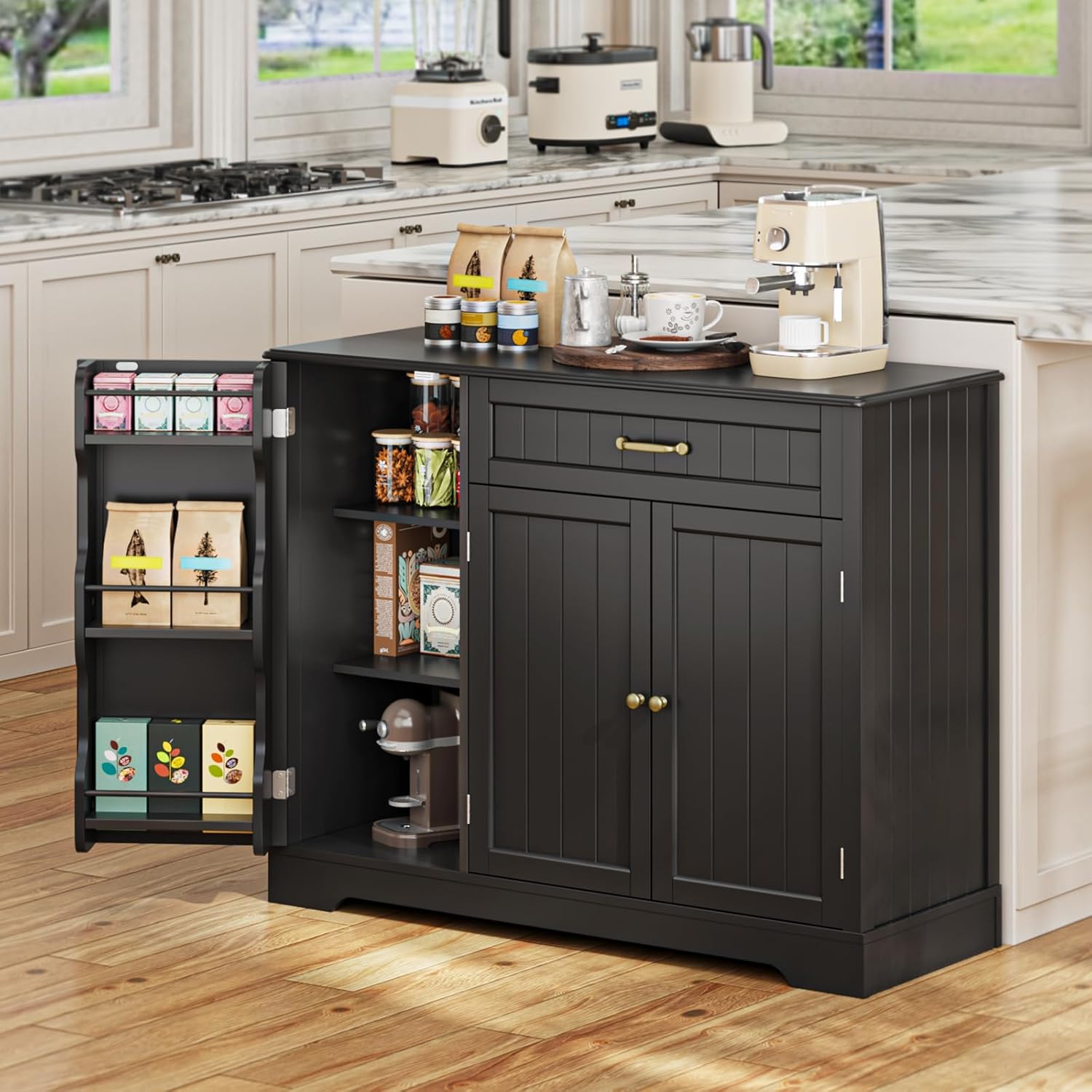 Gizoon Kitchen Sideboard Buffet Cabinet with Storage Small Coffee Bar Cabinet with Drawer, Kitchen Pantry Storage Cabinet with Door and Shelves for Bathroom and Living Room, Black