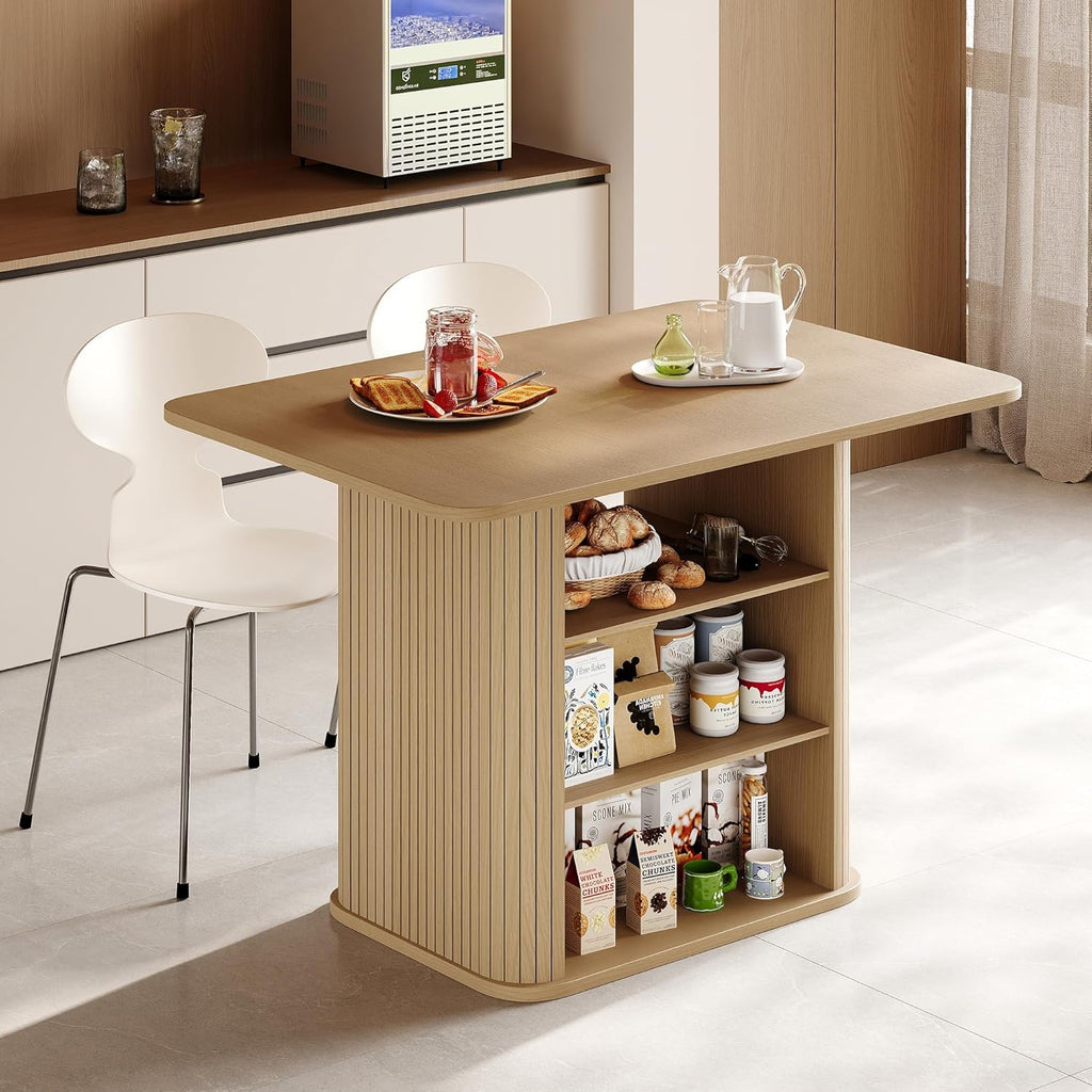 FUQARHY Dining Table for 4, Small Rectangular Kitchen Table for 2 with 3-Tier Storage Shelf, Farmhouse Modern Fluted Wood Table (Oak)