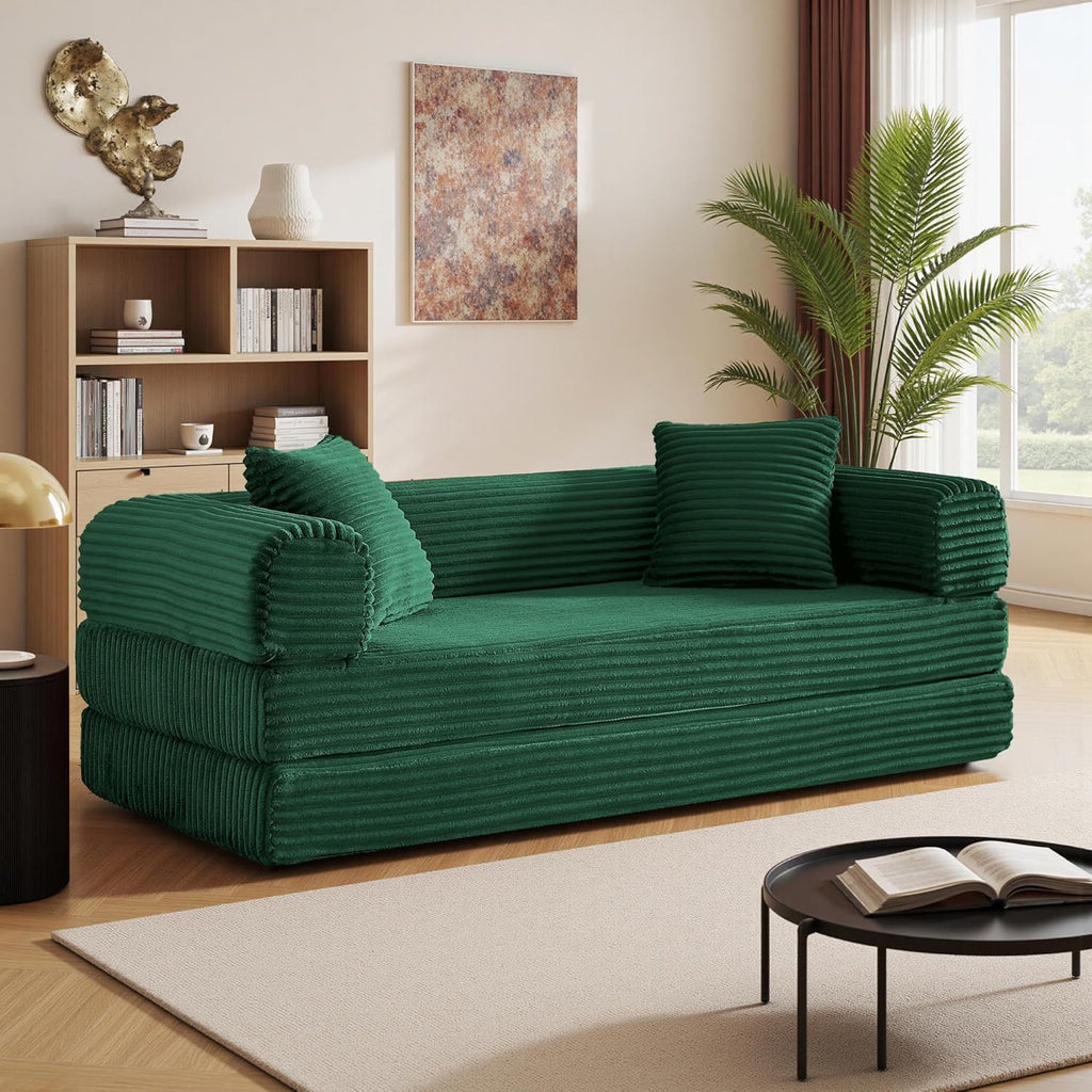 Boneless Couch Versatile Couches for Living Room No-Install Sofa Bed Corduroy Futon Soft Cloud Couch with Pillows for Bedroom Game Movie (Green, 76")