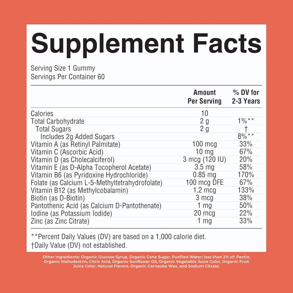 MaryRuth's Toddler Multivitamin Gummies | USDA Organic | 2 Month Supply | Kid & Toddlers Age 2+ Daily Multivitamin: Vitamin C, D3, Zinc | Kids Vitamins | Only 1 Gummy Per Day | 60 Ct (60 Day Supply)