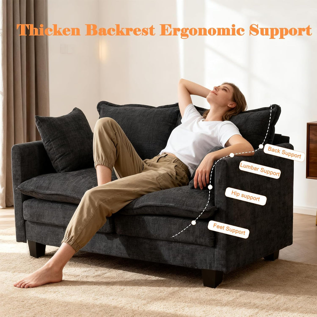 Loveseat Sofa Cloud Sofa Couch 50'', Modern Loveseats 2 Seat Couch 27" Deep Seat with 2 Pillows for Small Spaces Apartment Studio Office Bedroom Living Room 8834-BLACK-1
