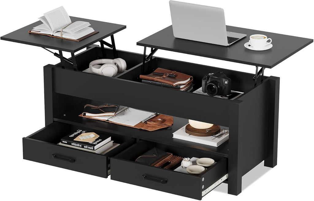 GarveeHome Coffee Table Lift Top, Convertible Coffee Table with Wooden Lift Tabletop, 2 Drawers and Hidden Compartment, Central Table with Storage for Living Room Home Office, Black