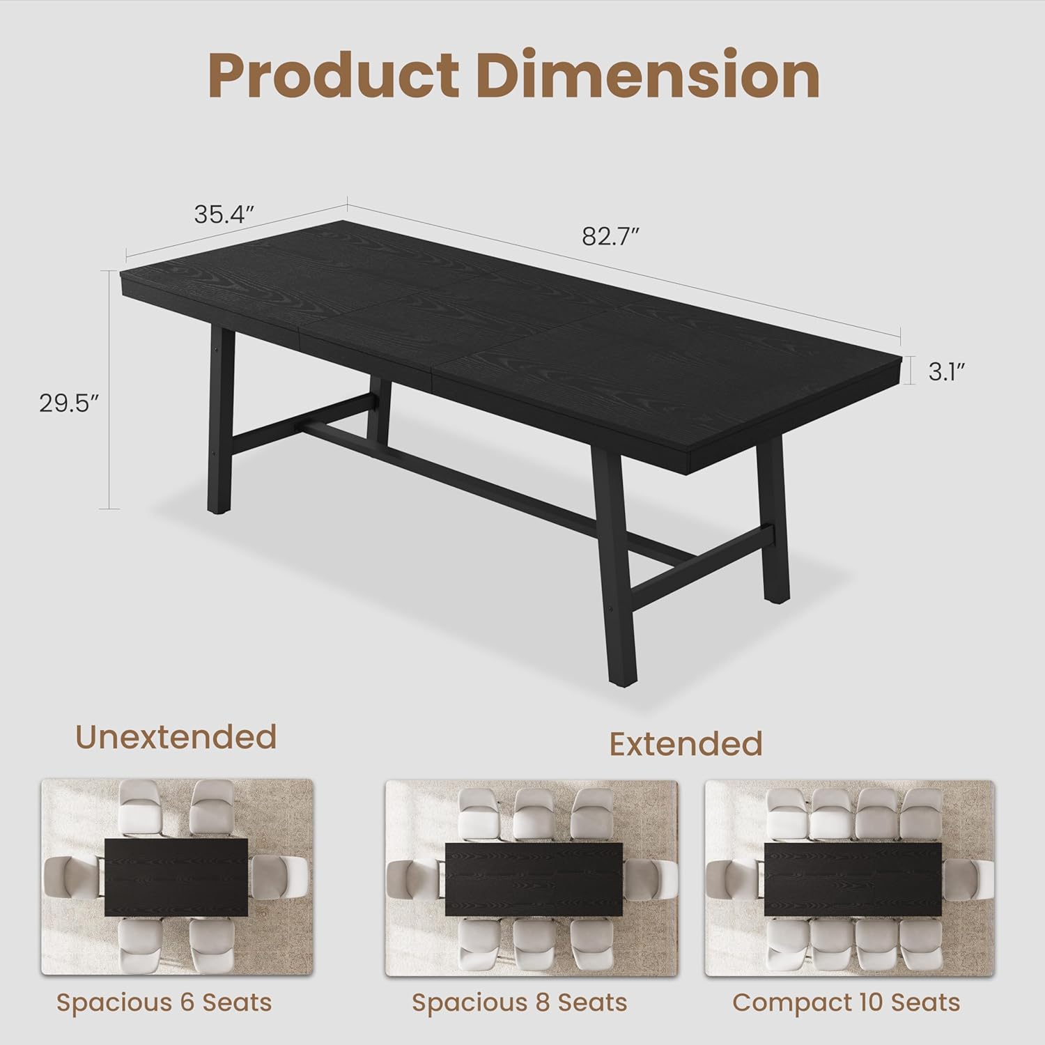 GarveeHome 63-83" Extendable Dining Table, Industrial Rectangular Dining Room Table for 6-8 People, Expandable Kitchen Table with Heavy Duty Metal Frame for Dining Room, Kitchen & Parties, Black