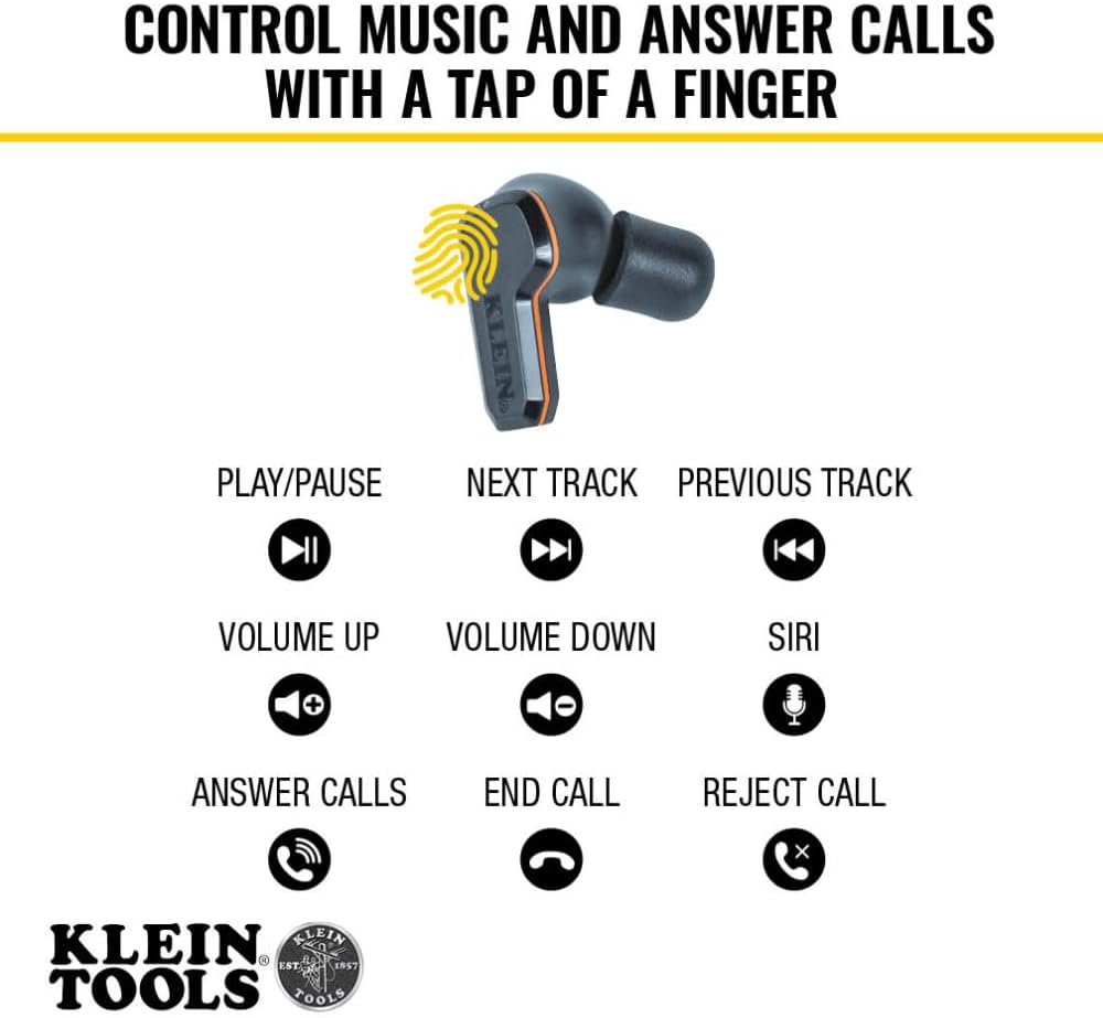 KLEIN TOOLS AESEB2 Elite Bluetooth Jobsite Earbuds, True Wireless Earplugs, 25dB NRR Hearing Protection, 24-Hour Playtime, Digital LED Display