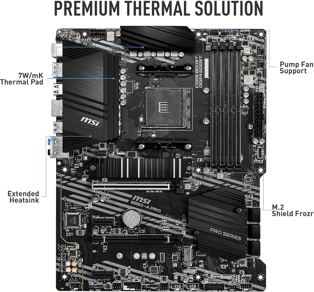 MSI B550-A PRO ProSeries Motherboard (AMD Ryzen 5000, AM4, DDR4, PCIe 4.0, SATA 6Gb/s, M.2, USB 3.2 Gen 2, HDMI/DP, ATX)