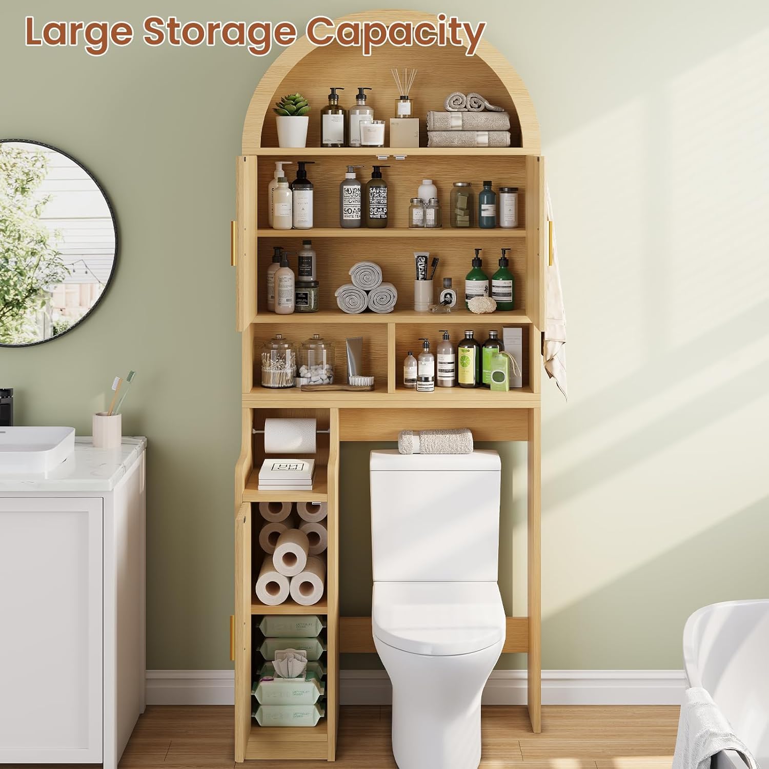 Itaar Arched Over The Toilet Storage Cabinet, 78.7" H Fluted Bathroom Organizer with Reversible Side Cabinet, Adjustable Shelves, Anti-Tipping, Hooks & Paper Holder for Bathroom Laundry Room, Oak
