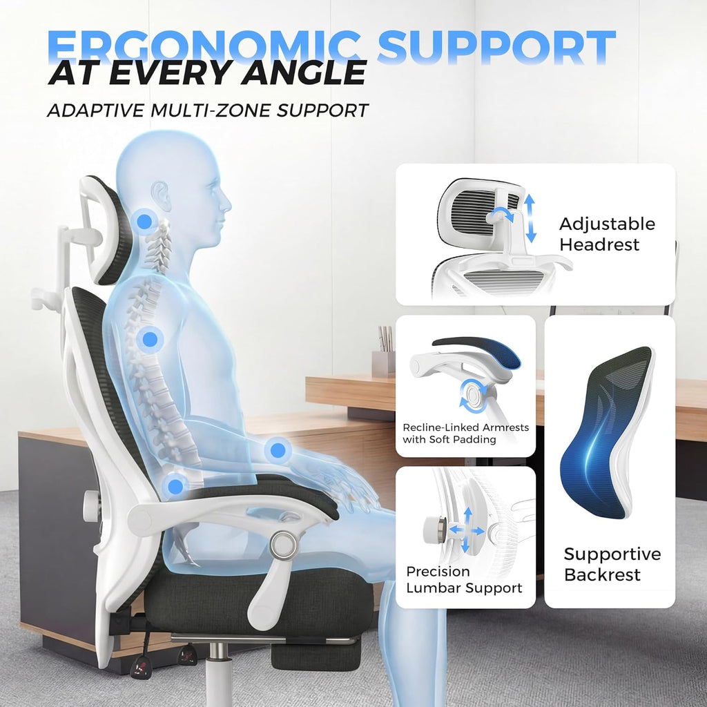 Ergonomic Office Chair with Footrest - Adjustable Lumbar Support & Headrest, 90-160° Reclining Mesh Back Computer Chair - Home Office/Gaming, 350lbs Capacity