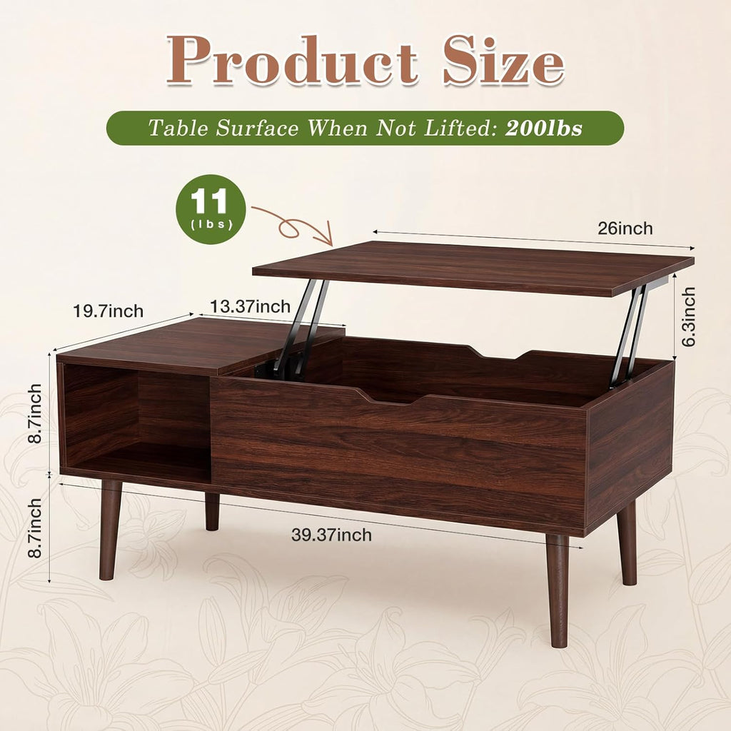 OLIXIS Wood Lift Top Coffee Table with Hidden Compartment and Large Storage Shelf, Lift Tabletop Dining Center Table for Home Living Room Office, Dark Brown