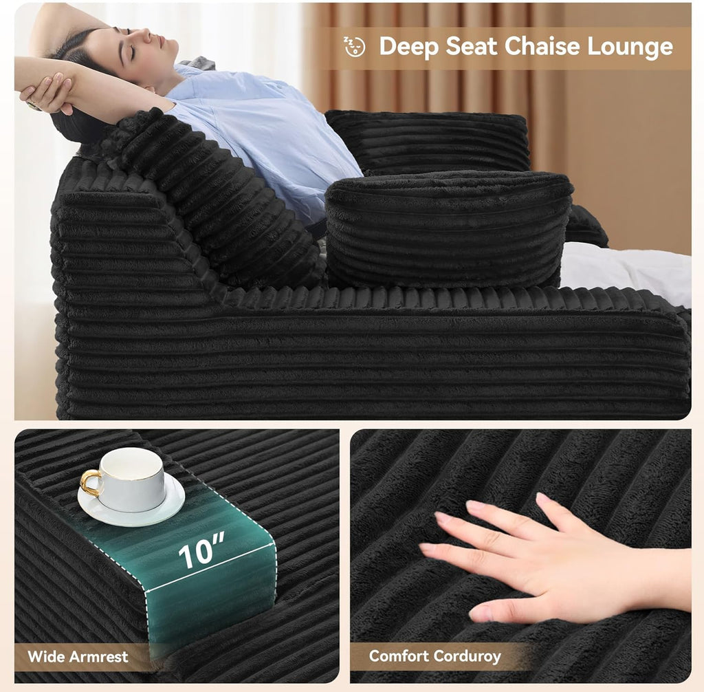 51'' Oversized Chaise Lounge Chair Indoor, Non-Assembly Deep Seat Sofa Bed Corduroy Sleeper Cloud Couch with 2pcs Pillows for Reading Living Room-Black