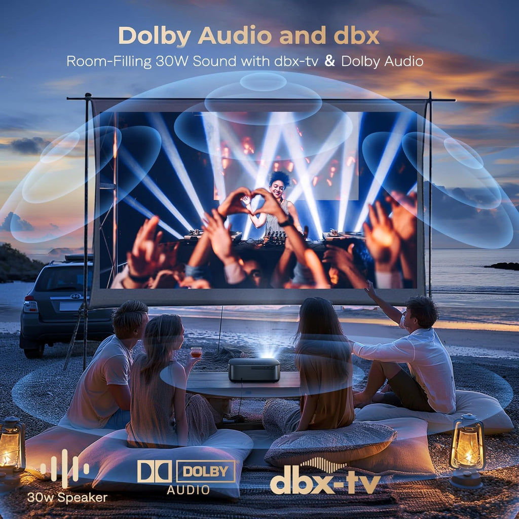2500 ANSI & 30W Speakers Alvar 4K Support Projector with WiFi 6 and Bluetooth, dbx-tv Sound, Built in NetfIix App & DoIby Audio Outdoor Proyector, Auto Focus & Keystone Native 1080P Smart Projector