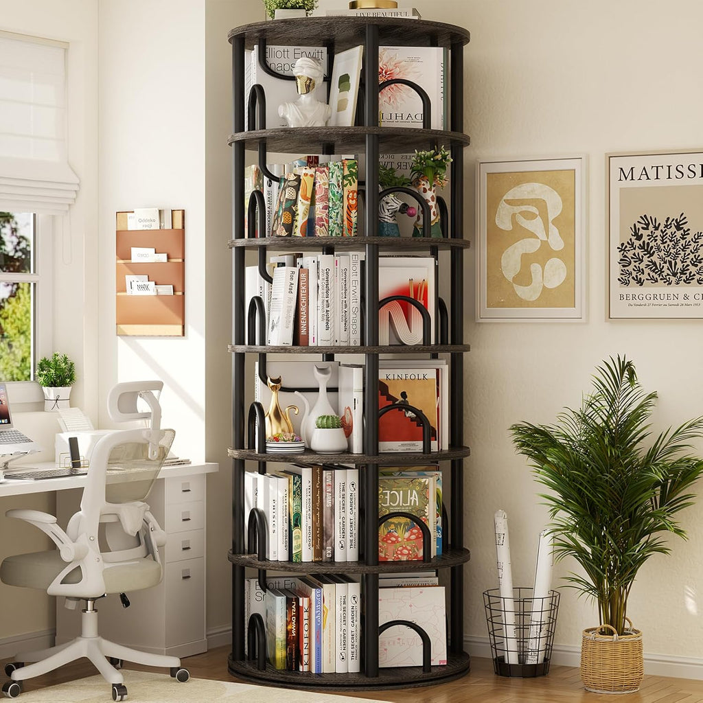 Aheaplus 6 Tier Rotating Bookshelf Tower, Revolving Bookcase, 360° Round Spinning Book Shelf, Narrow Swivel Bookshelves Vertical Turning Corner Bookshelf Organizer for Small Space, Black Oak