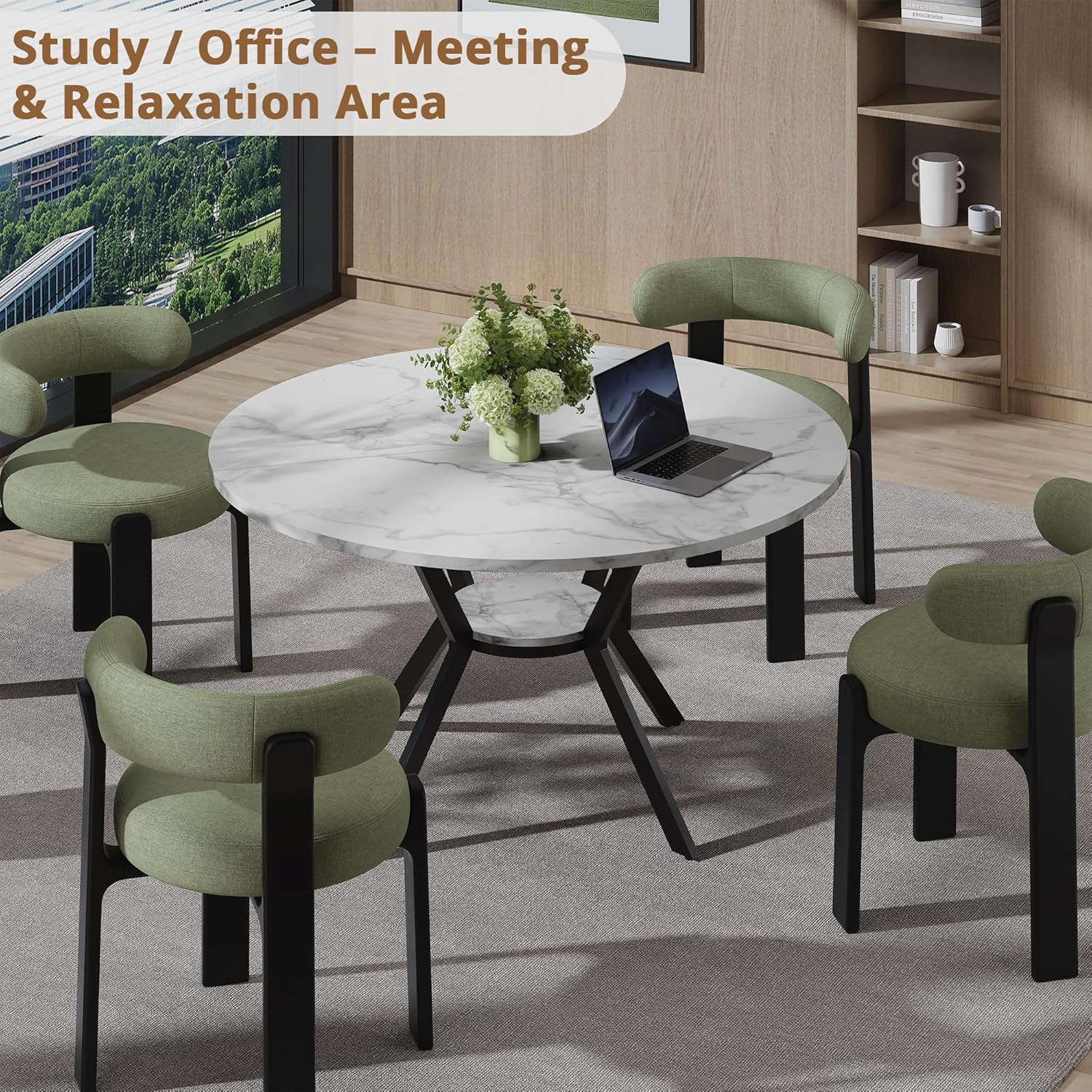 42" Round Dining Table for 2-4, Modern Kitchen Table with Faux Marble Tabletop & Metal Legs, Space Saving Circle Table with Storage, Wood Kitchen & Dining Room Tables for Kitchen Dining Room