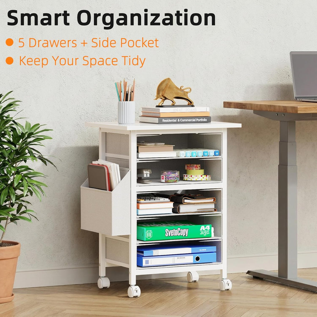 HIGDBFE 5 Fabric Drawers File Cabinet with Side Pocket, Rolling Printer Stand with Storage for Home Office, Wood Top Storage Cabinet for Documents and Crafts, White, 15" D