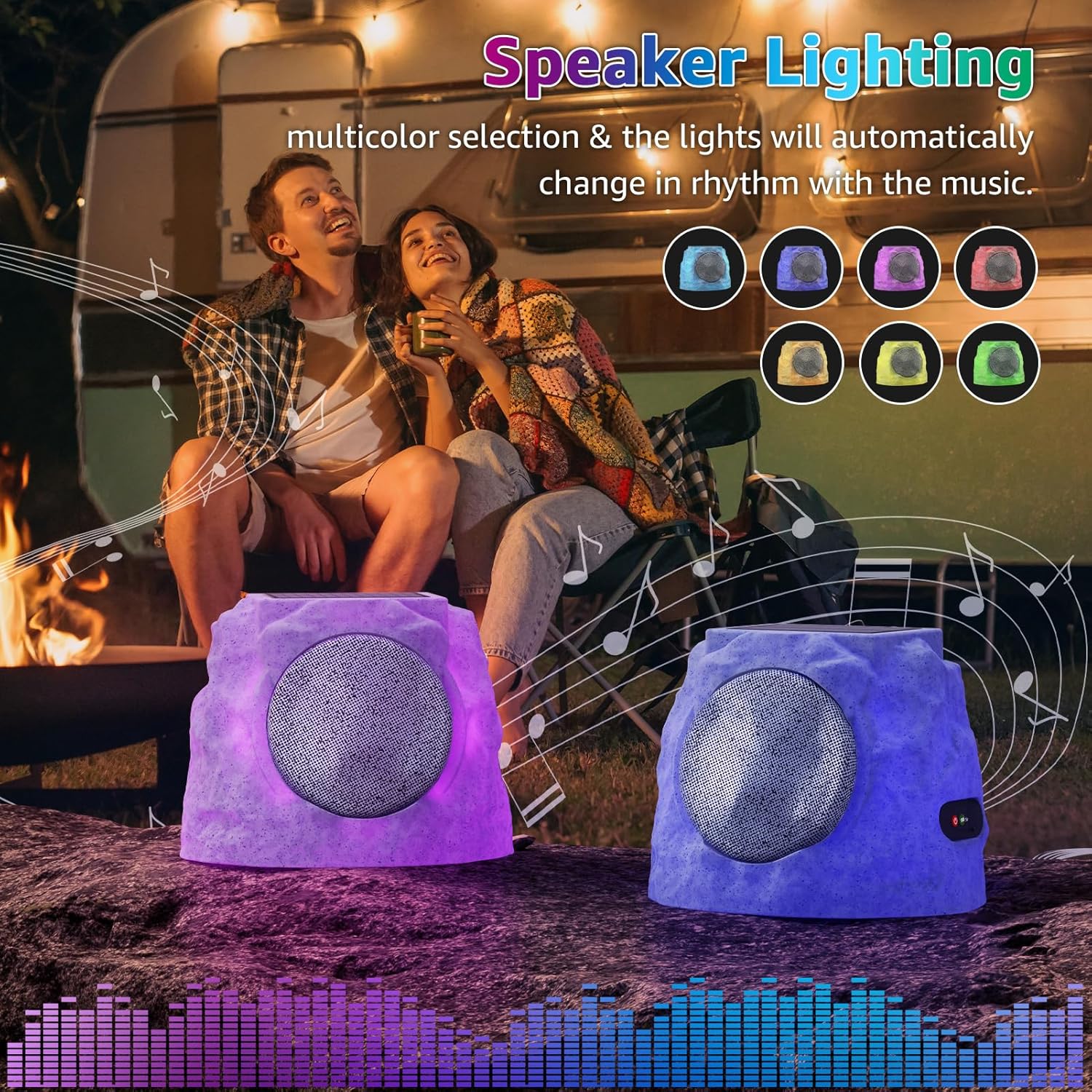 Rock Speakers Outdoor Water-Resistant IP44, Multi-Sync Up to 100 Speakers, Solar-Powered Rock Speaker with Light for Patio Garden Party Pool Deck Yard Outside