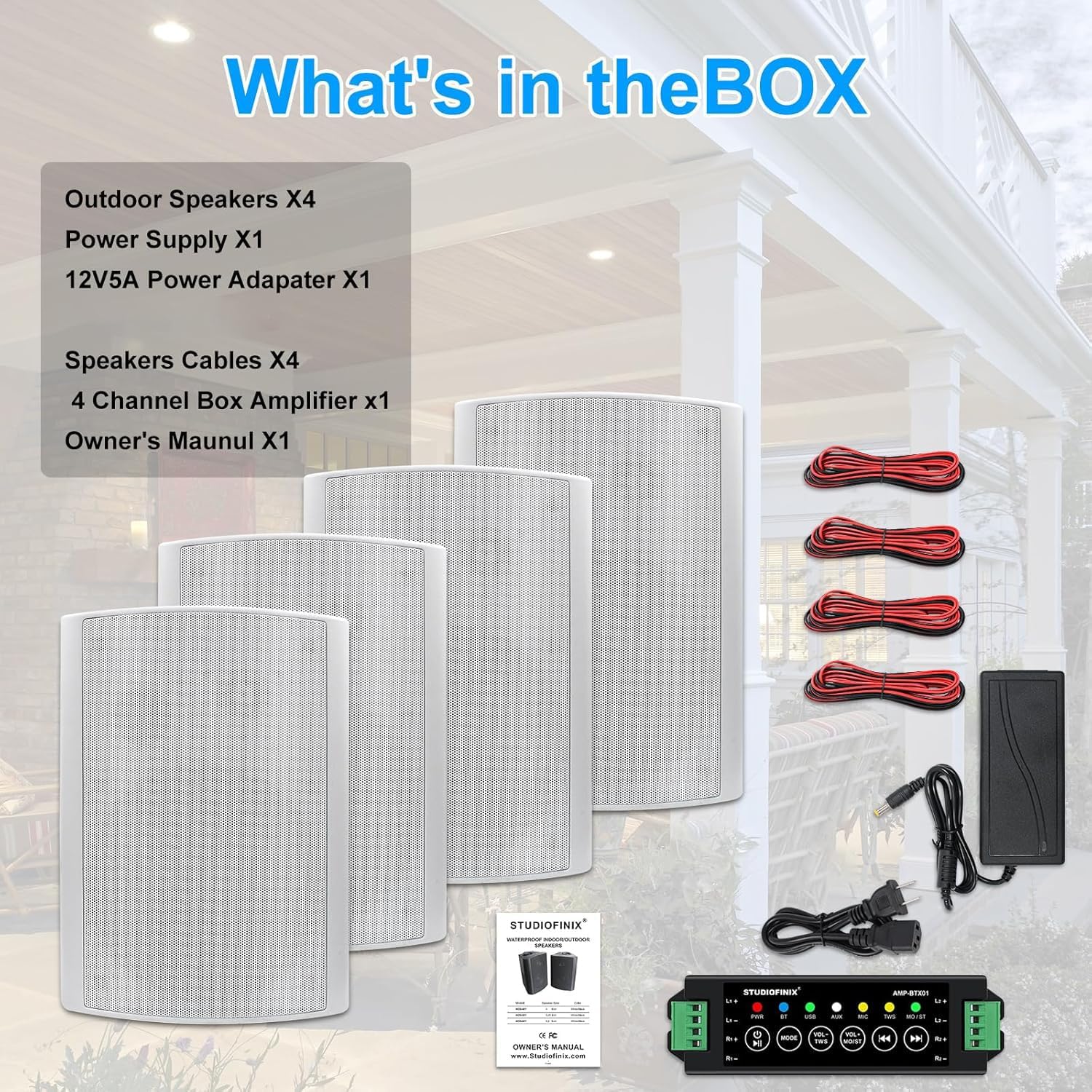 STUDIOFINIX 5.25 Inches Outdoor Bluetooth Speakers Waterproof 600 Watts Perfect for Indoor- Outdoor Patio Porch Wall Mount System (4 Speakers,White)
