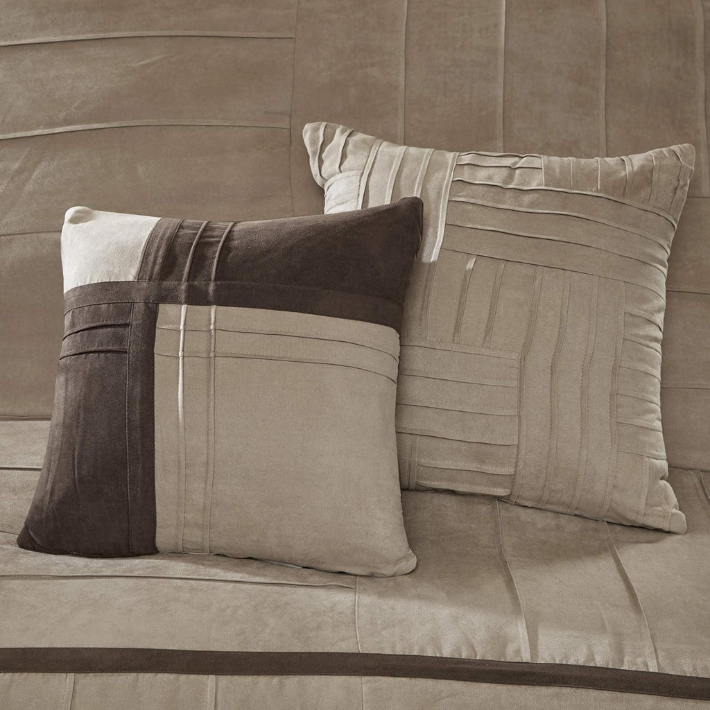 Madison Park Cozy Comforter Set Casual Blocks Design All Season, Matching Bed Skirt, Decorative Pillows, King(104"x92"), Dune Suede, Beige Brown, 7 Piece