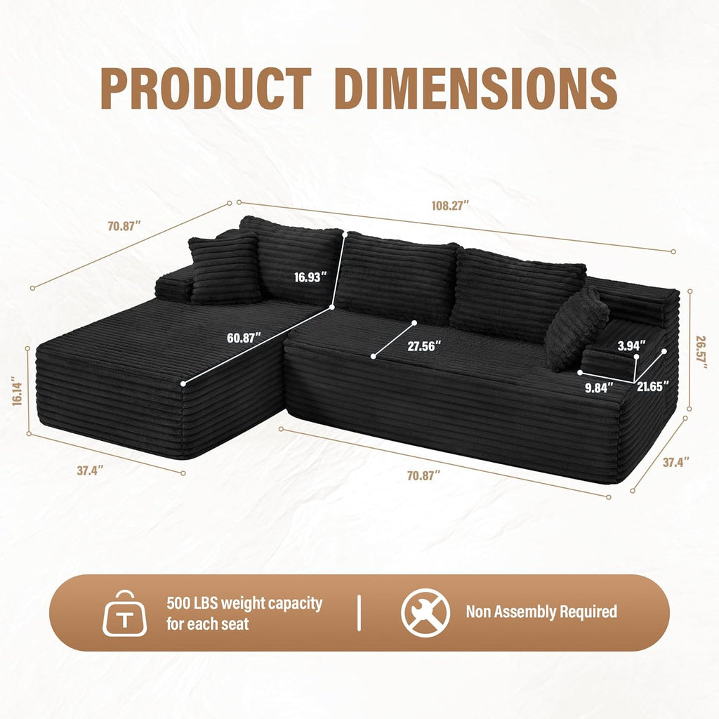 Hobestluk Modular Sectional Sofa Couches L-Shape Couch 3 Seat Modular Sofa Memory Foam Sectional Couches for Living Room, Cloud Couch with Oversized Chaise (Left Facing)