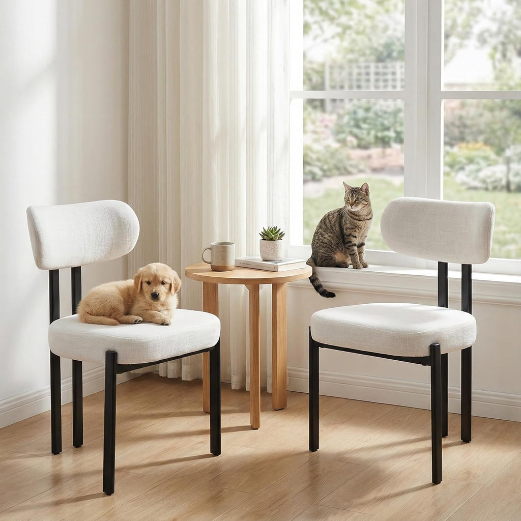 LukeAlon Linen Dining Chairs Set of 6, Curved Back Modern Side Chairs Upholstered Armless Reception Guest Chair with Black Metal Legs for Kitchen Restaurant Dining Room, Light Beige