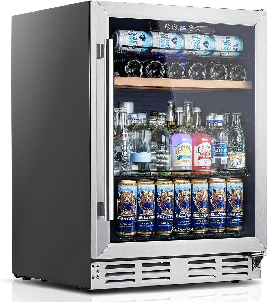 Kalamera Mini Fridge 24 Inch Undercounter Beverage and Wine Cooler Refrigerator Built-in or Freestanding - 118 Cans & 15 Bottles Capacity with LED Light Glass Door