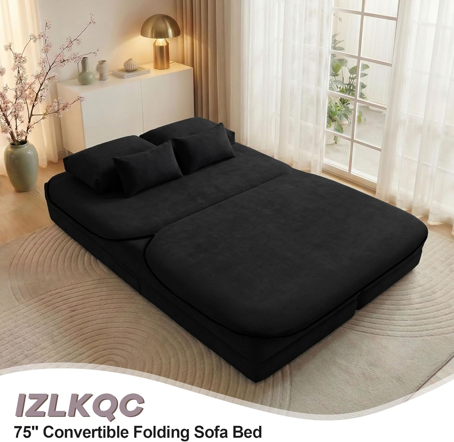 75'' Folding Sleeper Sofa Bed, Convertible Memory Foam Boneless Couch, Foldable Full Size Guest Bed, Modern 2-in-1 Futon Floor Sleeper Sofa with 4 Pillows and Blanket (Chenille, Black1)