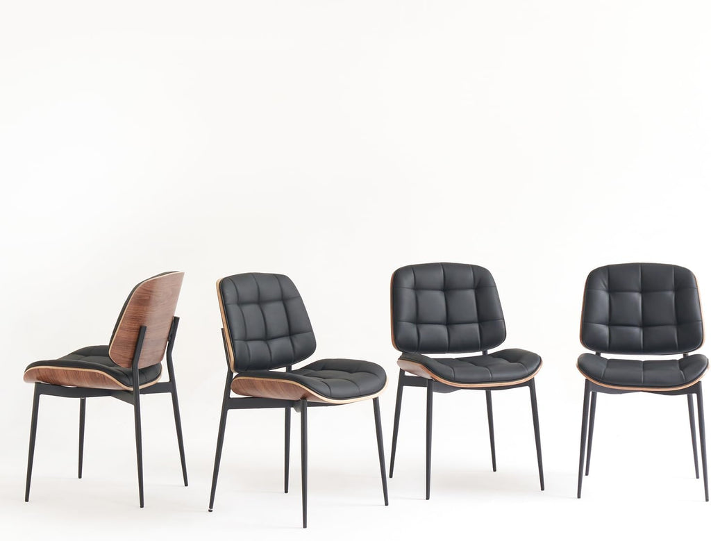 GrandNoor Mid Century Modern Dining Chairs with Walnut Grain Back, Black Faux Leather Dining Room Chairs Set of 4, Checkered Soft Cushion Kitchen Chairs with Adjustable Foot Pads