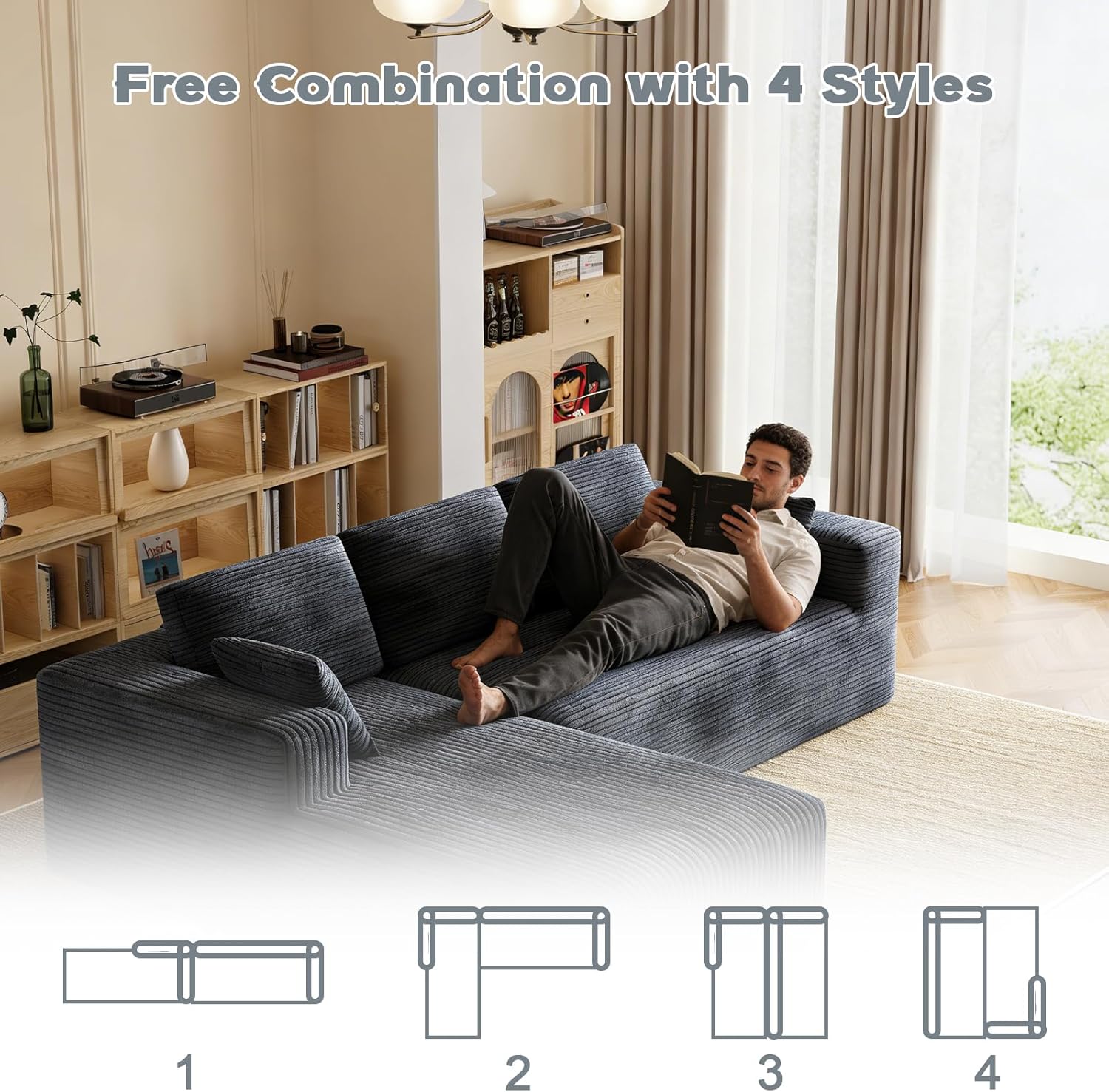 106" Corduroy Sectional Couch, Boneless L Shaped Couch with Deep Seat, Cloud Foam Sofa with Oversized Chaise, Sectional Sofa No Assembly Needed for Living Room
