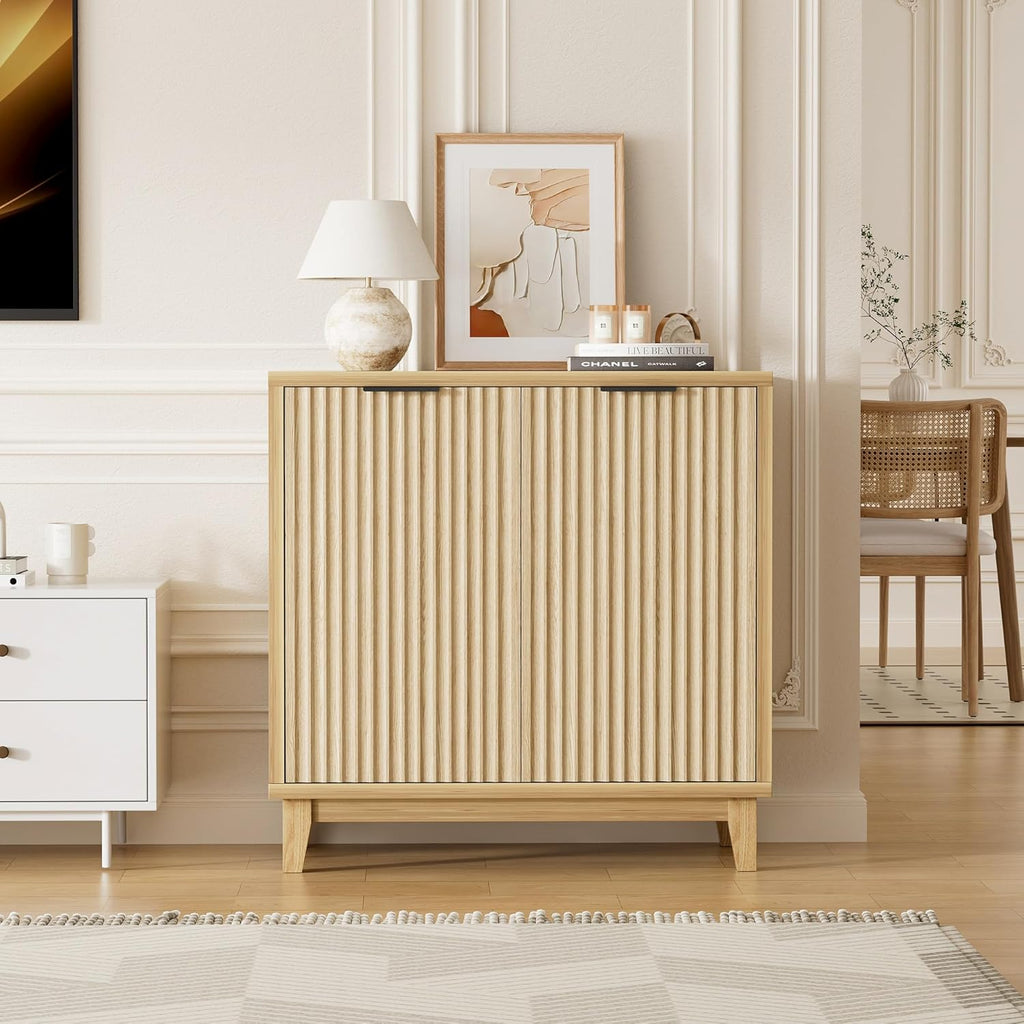 Fluted Cabinet with Storage, 2 Doors Sideboard Buffet, Mid Century Modern Accent Cabinet with Adjustable Shelves, Multifunctional Console Table with Storage for Living Room, Kitchen, Entryway