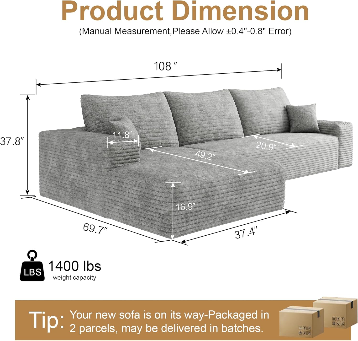 108" Sectional Couches for Living Room Cloud Couch Sofa with L-Shape Upholstered Boneless Couchs Modern Modular Sectional Couch with Chaise (Grey, 108" Left Facing Chaise+2Seaters)