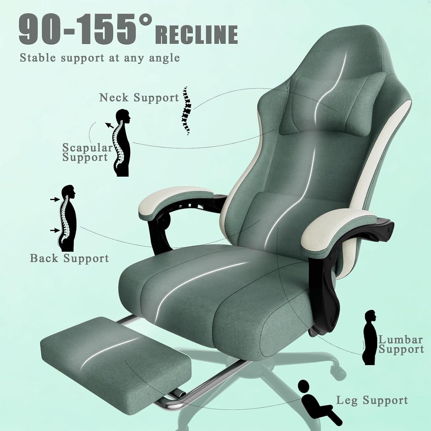 Gaming Chair, High Back Fabric Computer Chair with Pocketed Spring Cushion and Footrest, Height Adjustable Game Chair with Headrest and Lumbar Support (Beige & Blue)