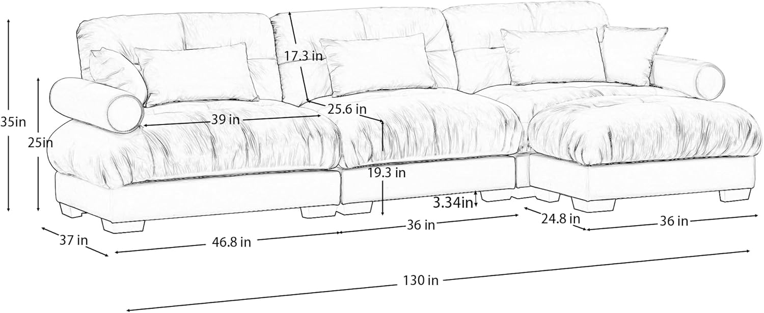 130" Modular Sectional Cloud Couch, Oversized 3-Seater Couch with Ottoman, Comfy Velvet Fluffy Sofa, Deep Seat L Shaped Sectional Couches for Living Room