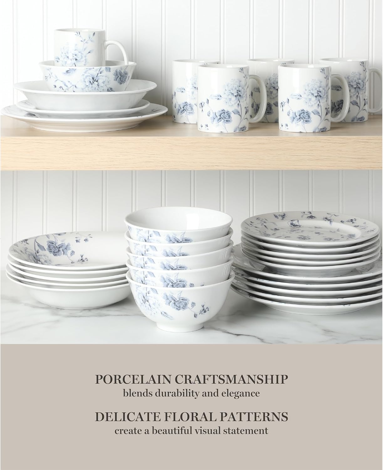 Martha Stewart Empress Bouquet 30 Piece Decorated Porcelain Chip and Scratch Resistant Dinnerware Plates and Bowls Set - Blue Floral