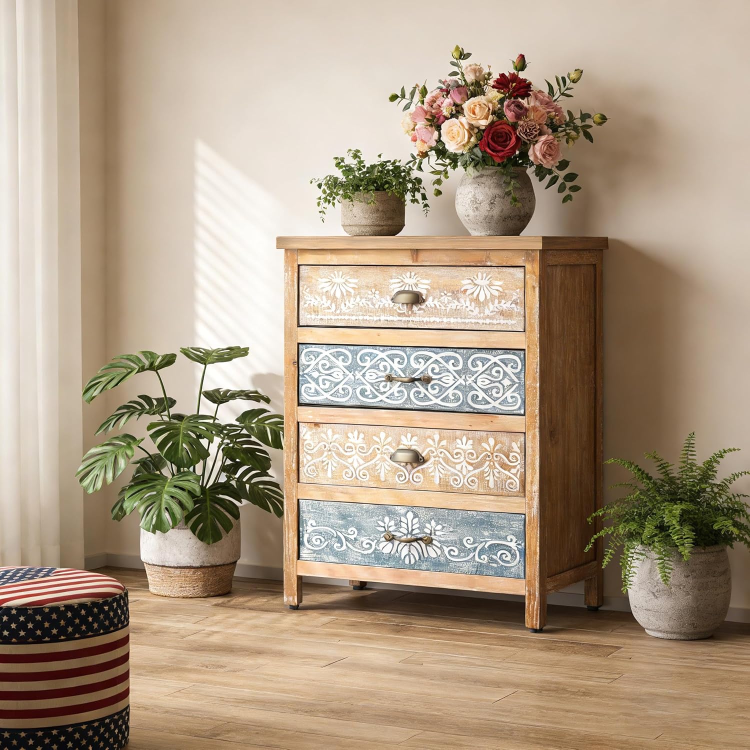 Boho Small Accent Cabinet with Hand-Painted Floral Drawers | Rustic Wood Storage Cabinet with 4 Drawers | Decorative Entryway Cabinet for Living Room, Dining Room, Kitchen | Solid Fir Wood Frame