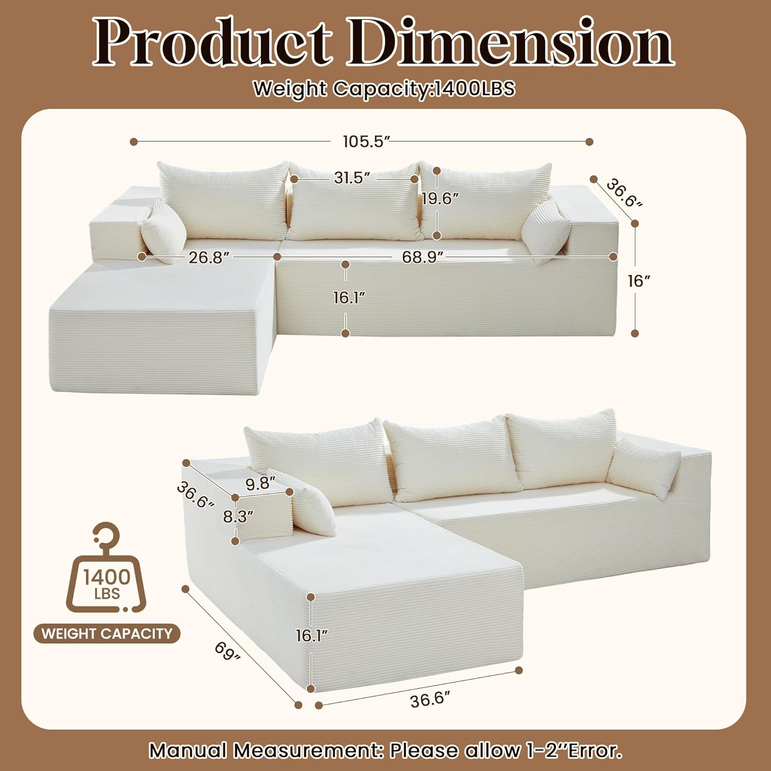106" Cloud Sectional Boneless Couches for Living Room, Modular L Shaped Couch with Deep Seat Oversized Left Facing Chaise, Memory Foam Compressed Spineless 3 Seater Sofa for Bedroom Apartment, Beige
