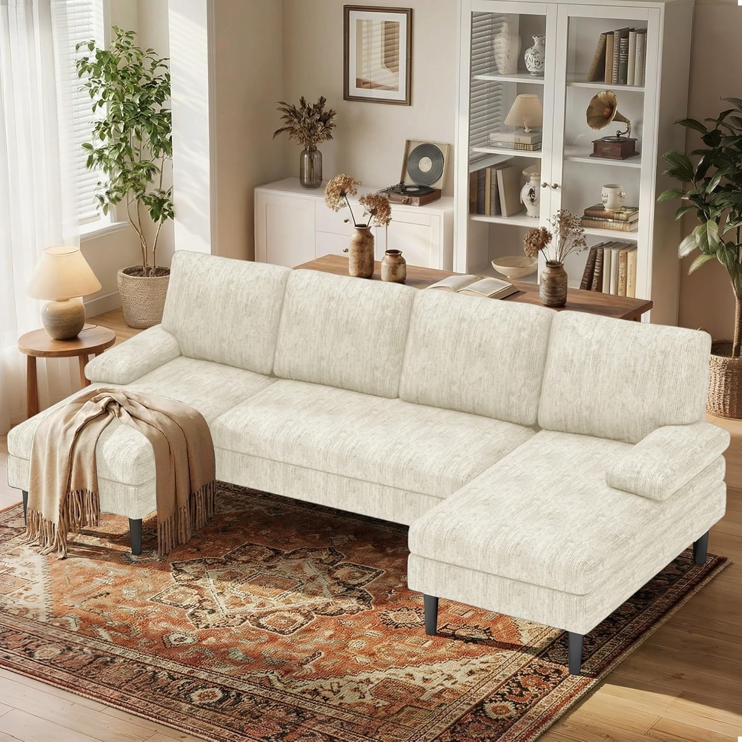 Korser U-Shaped Sectional Couches for Living Room, 101 Inch Modern Modular Sofa with Double Chaise Lounge, Comfy Chenille Fabric 4-Seat Couch Set for Apartment, Beige