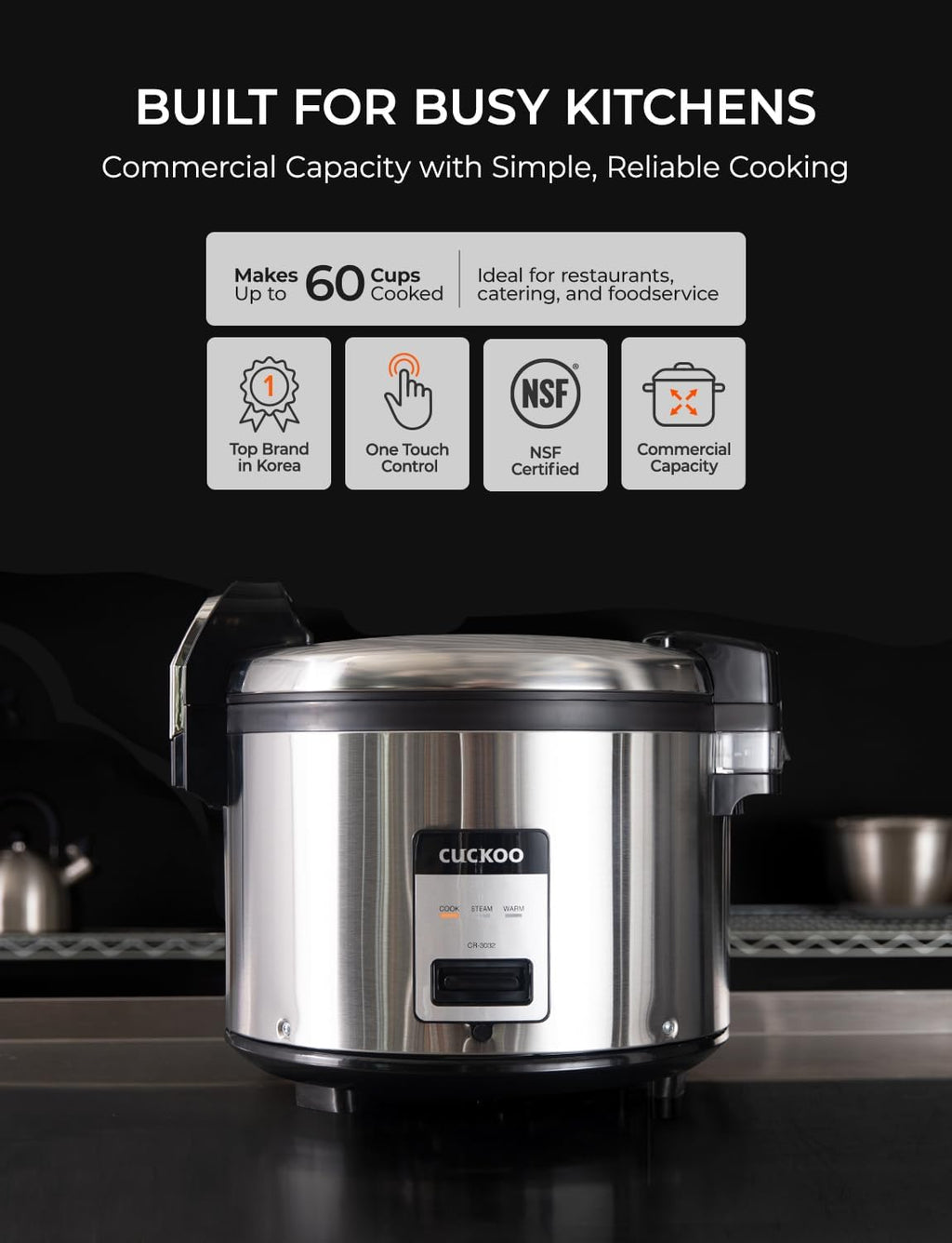 CUCKOO Commercial Rice Cooker & Warmer, Extra Large Rice Cooker 30-Cup Uncooked / 60-Cup Cooked, Professional Industrial Grain Cooker with Large Capacity, Easy One-Touch Operation, Silver (CR-3032)