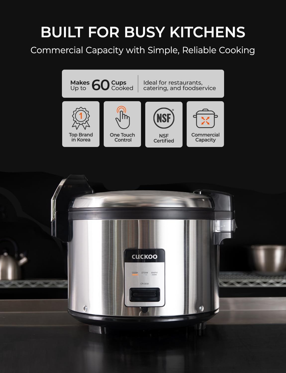 CUCKOO Commercial Rice Cooker & Warmer, Extra Large Rice Cooker 30-Cup Uncooked / 60-Cup Cooked, Professional Industrial Grain Cooker with Large Capacity, Easy One-Touch Operation, Silver (CR-3032)