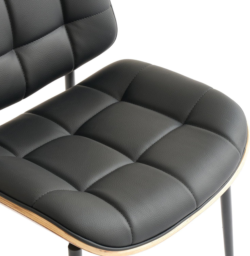 GrandNoor Mid Century Modern Dining Chairs with Walnut Grain Back, Black Faux Leather Dining Room Chairs Set of 4, Checkered Soft Cushion Kitchen Chairs with Adjustable Foot Pads