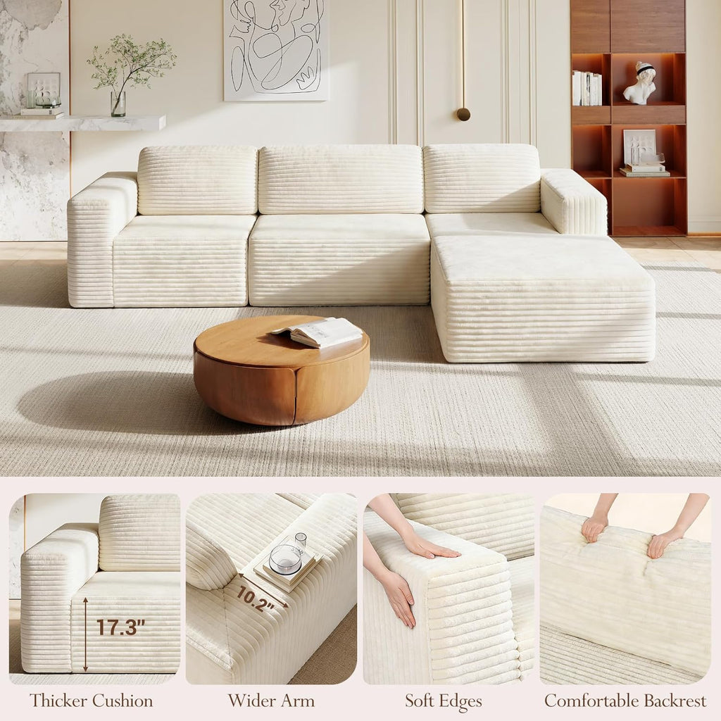 Vesgantti 119" L-Shaped Modular Sectional Sofa, Corduroy Cloud Couch with Deep Seating & Spring Support, Flexible Layout Sofa with Ottoman, Boneless Style, No Assembly Required, Beige