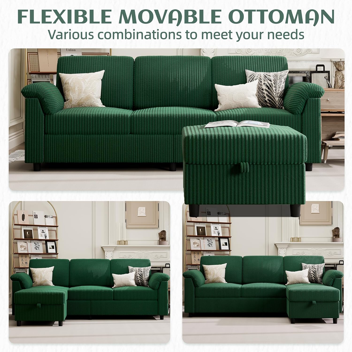 Vongrasig Convertible Sectional Couch, 3 Seat L Shaped Sofa with Removable Pillows Linen Fabric Small Modern Couch Mid Century for Living Room, Apartment and Office, Green