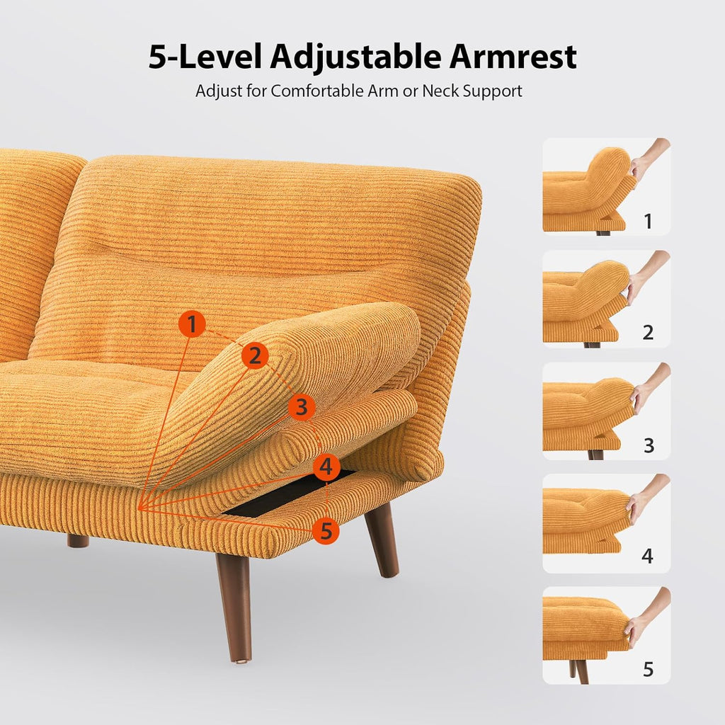 Pipishell Futon Sofa Bed, 66 Inch Corduroy Futon Couch Convertible with Adjustable Backrest and Armrests, Recliner Sleeper Sofa for Small Spaces, Living Room, Office, Guest Room (Yellow, 66 Inch) | Adjustable